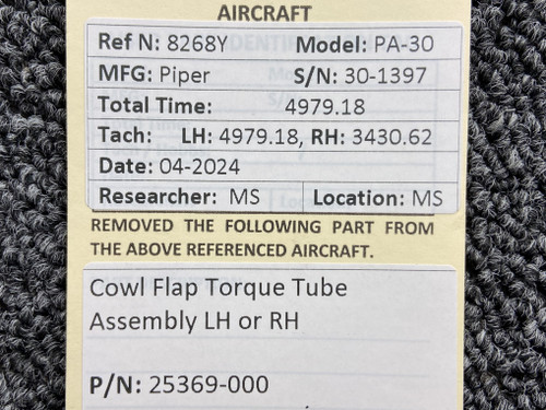 25369-000 Piper PA30 Cowl Flap Torque Tube Assembly LH or RH