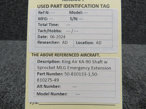 50-810133-1, 50-810275-49 Beech KA-90 Shaft w Sprocket MLG Emergency Extension