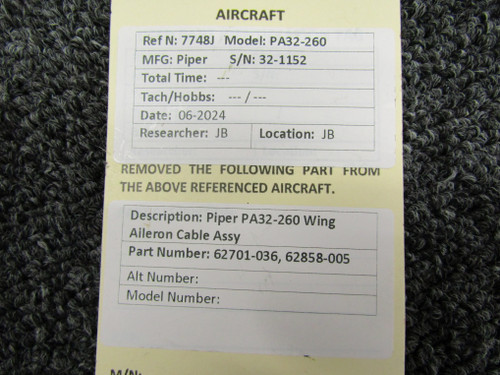 62701-036, 62858-005 Piper PA32-260 Wing Aileron Cable Assembly