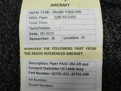 62701-012, 62701-040 Piper PA32-260 Aft and Forward Stabilator Cable LH