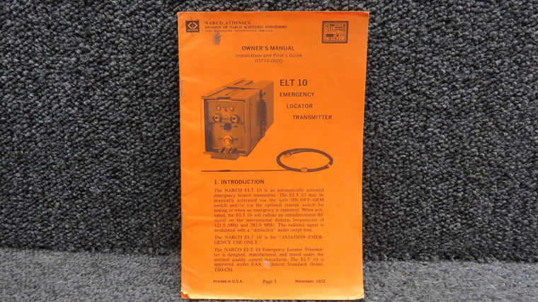 03716-0600 Narco ELT 10 Owner’s Manual, Installation and Pilot’s Guide (1972)