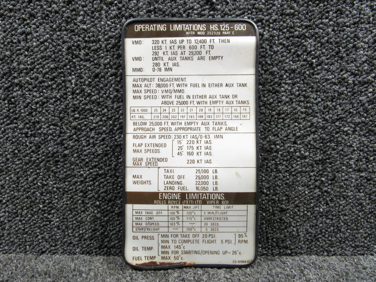 25-6DC87-13A Hawker HS-125-600 Operation Limitation Instruction Panel