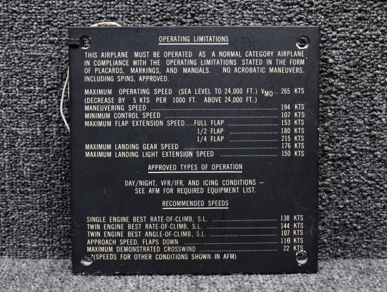 27-19038-11 Swearingen SA-226T Control Products Corp Electroluminescent Placard