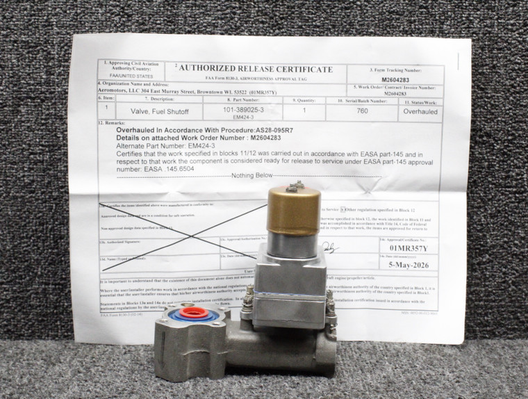 EM424-3 (Alt: 101-389025-3) Electromech Fuel Shutoff Valve Overhauled (28V, 2A)