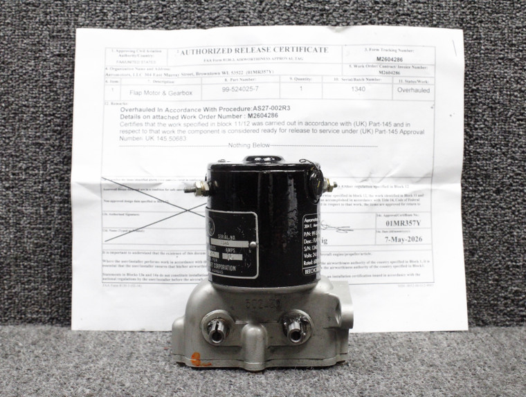 99-524025-7 Beechcraft Flap Motor and Gearbox Overhauled with 8130-3 (24V, 16A)