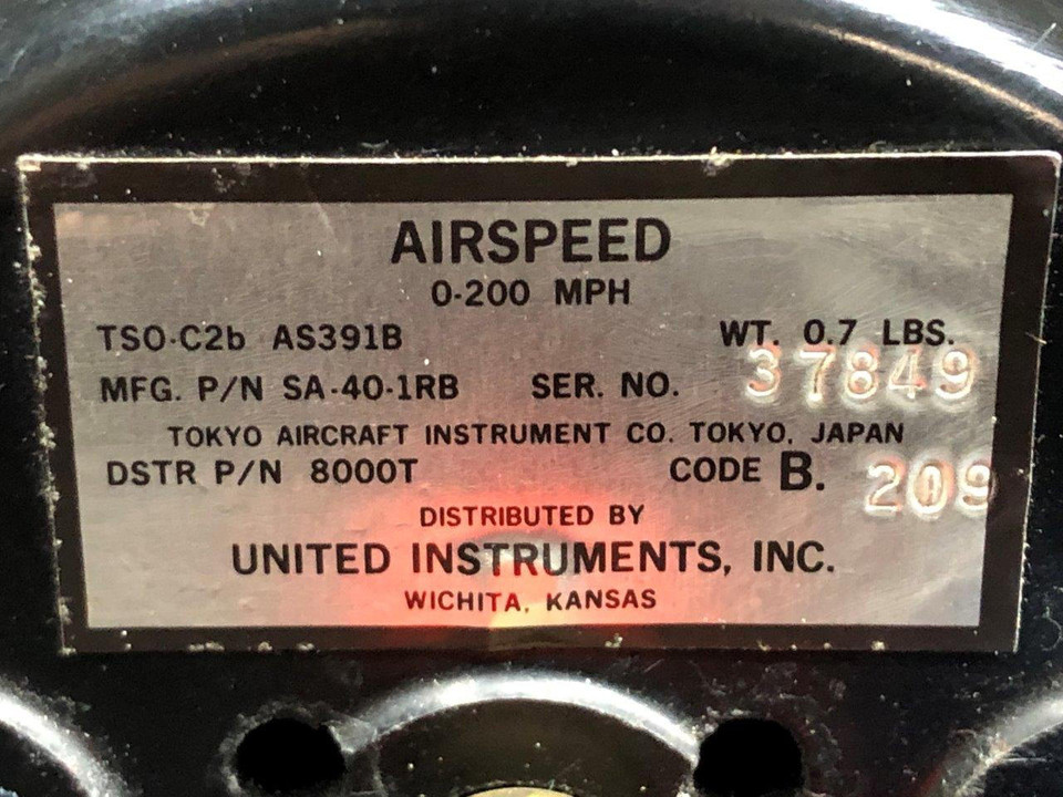 8000T (MPN: SA-40-1RB) United Instruments Airspeed Indicator