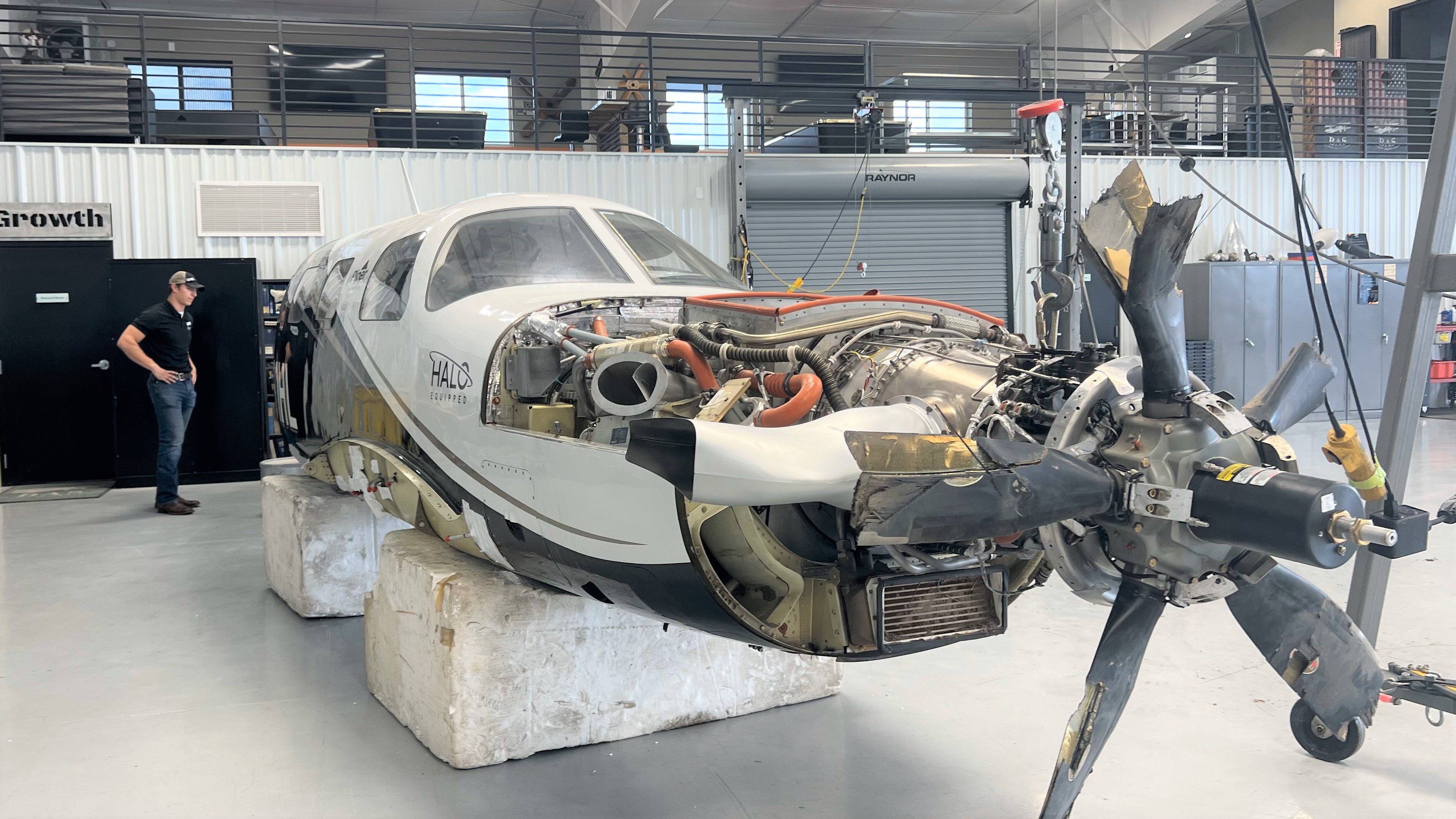 Piper M600/SLS in the BAS Part Sales shop, being disassembled for salvaged aircraft parts. 