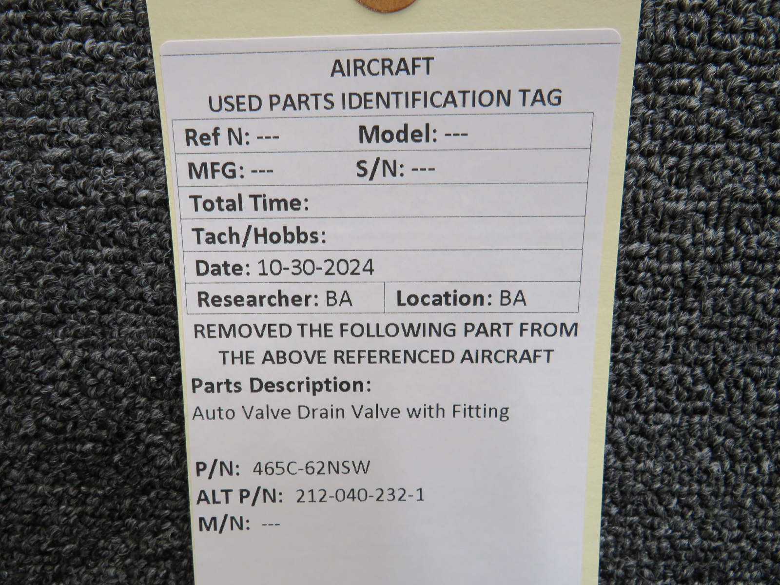 465C-62NSW (Alt: 212-040-232-1) Auto Valve Drain Valve and Fitting