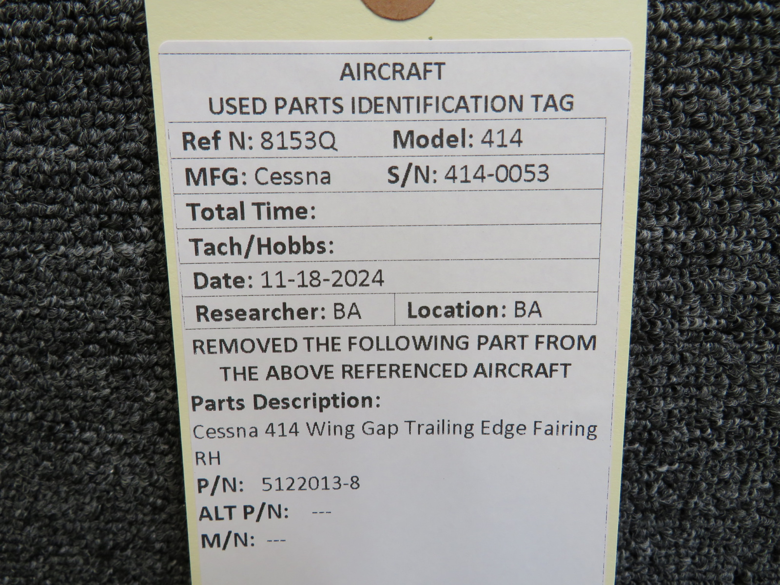5122013-8 Cessna 414 Wing Gap Trailing Edge Fairing Right Hand