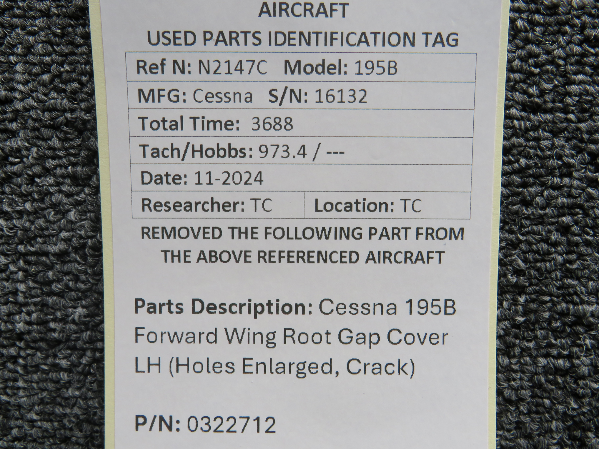 0322712 Cessna 195B Forward LH Wing Root Gap Cover (Holes Enlarged