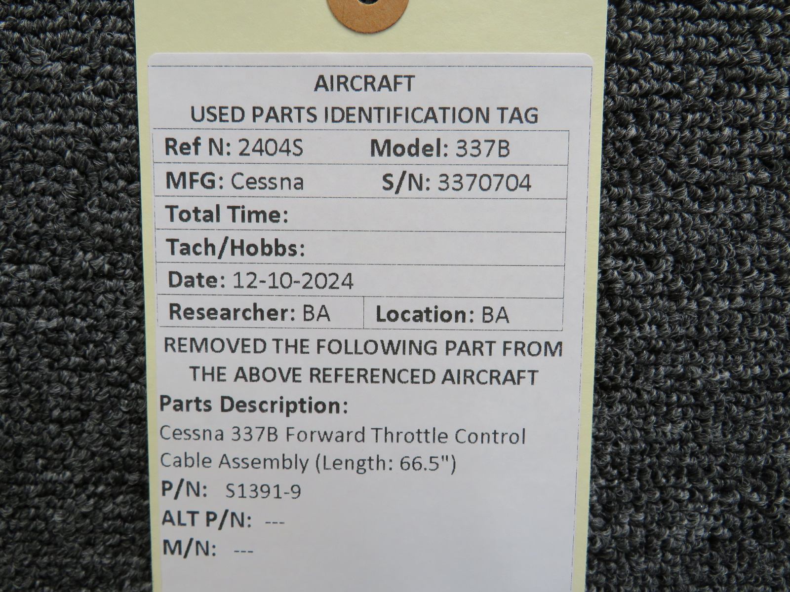 S1391-9 Cessna 337B Forward Throttle Control Cable Assembly
