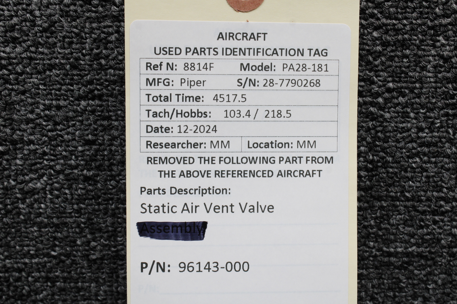 96143-000 Piper PA28-181 Static Air Vent Valve Unit