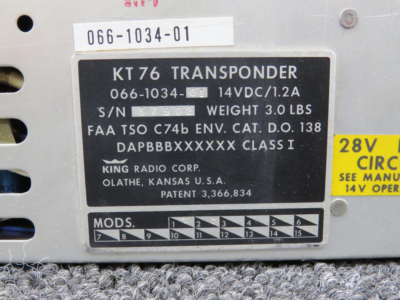 Kt76 Rear 066-1034-01 King Radio KT-76 Transponder Unit with Tray and Mods (Volts ...