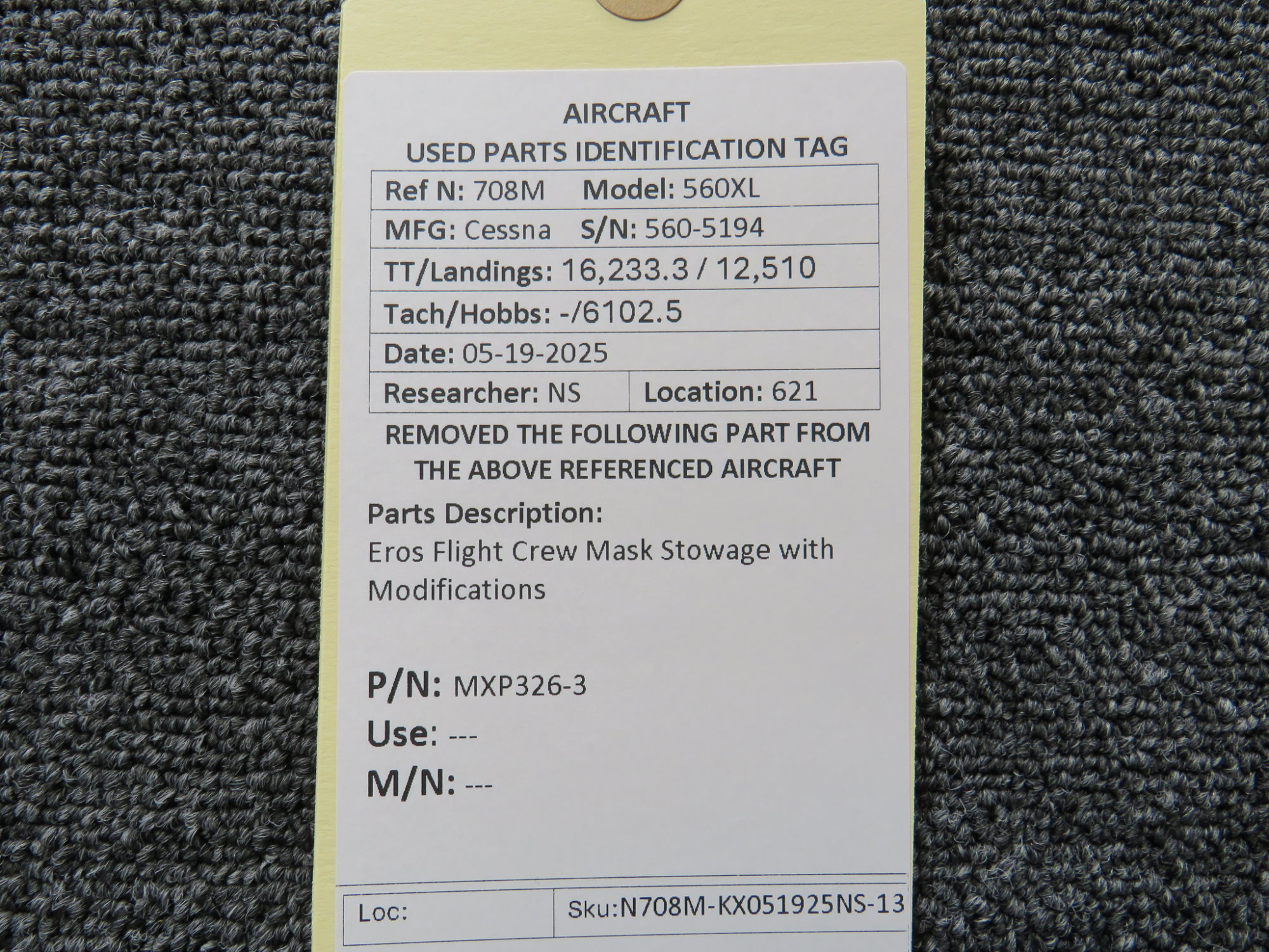 MXP326-3 Eros Flight Crew Mask Stowage with Modifications For Sale