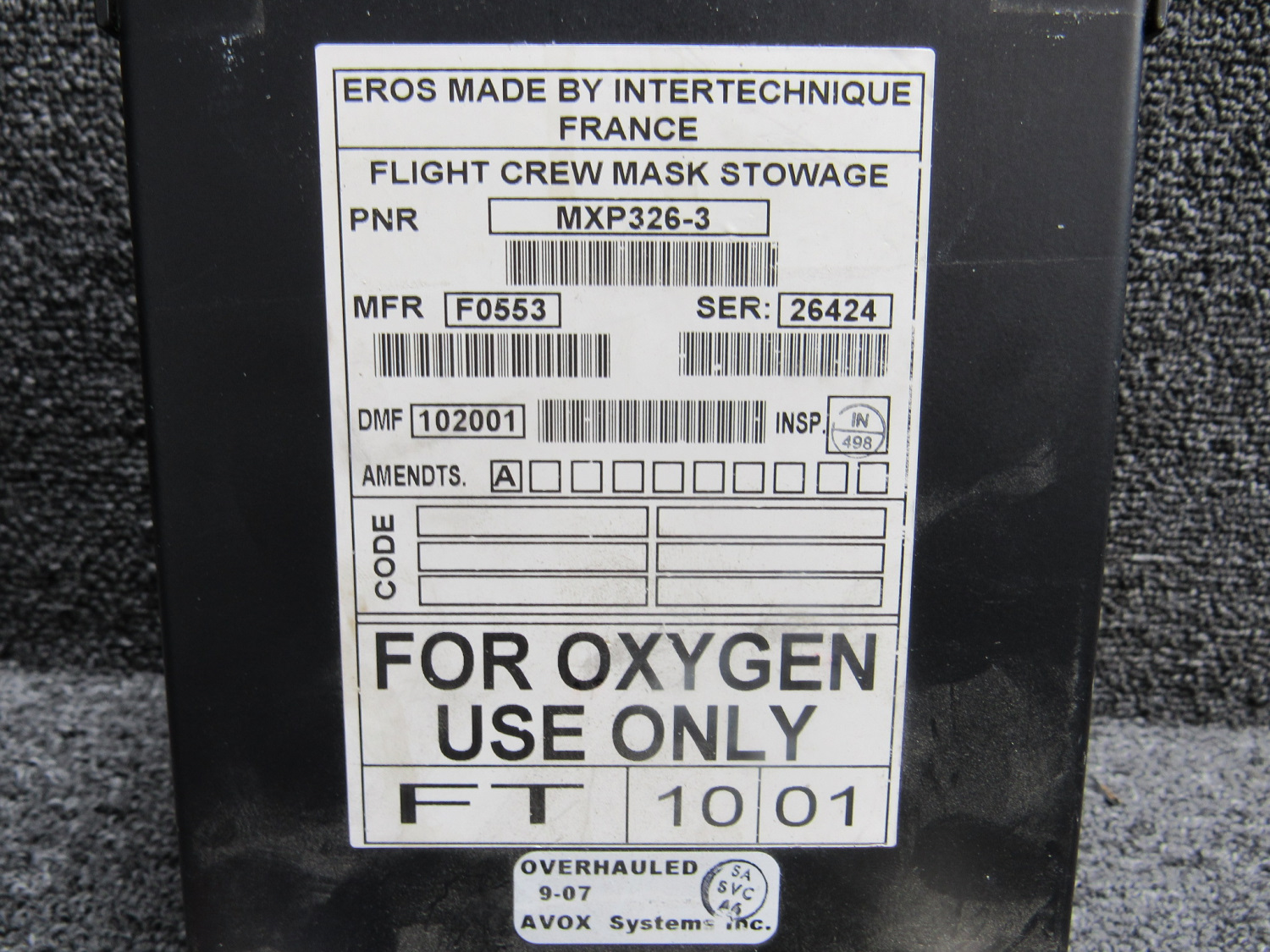 MXP326-3 Eros Flight Crew Mask Stowage with Modifications For Sale