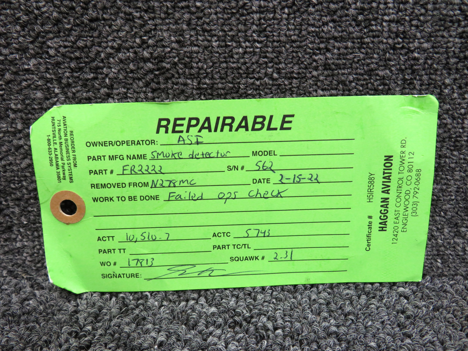 FR2222 L'Hotellier Smoke Detector with Green Repairable Tag