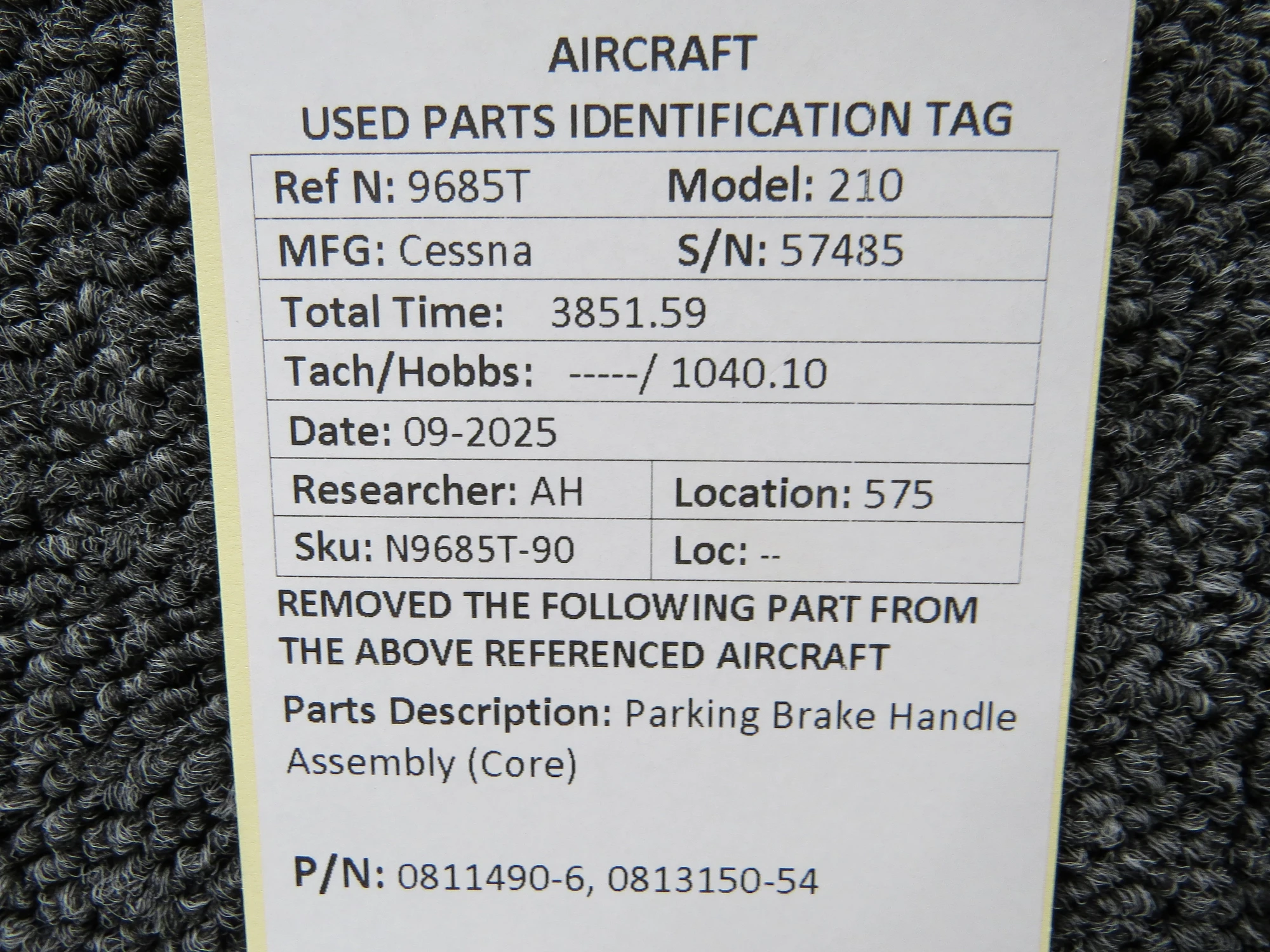 0811490-6, 0813150-54 Cessna 210 Parking Brake Handle (Core) for Sale