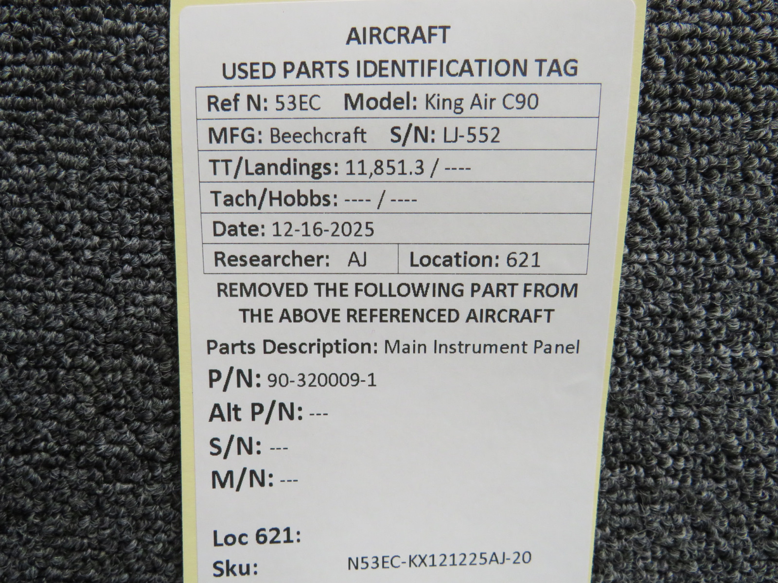 90-320009-1 Beechcraft King Air C90 Main Instrument Panel For Sale