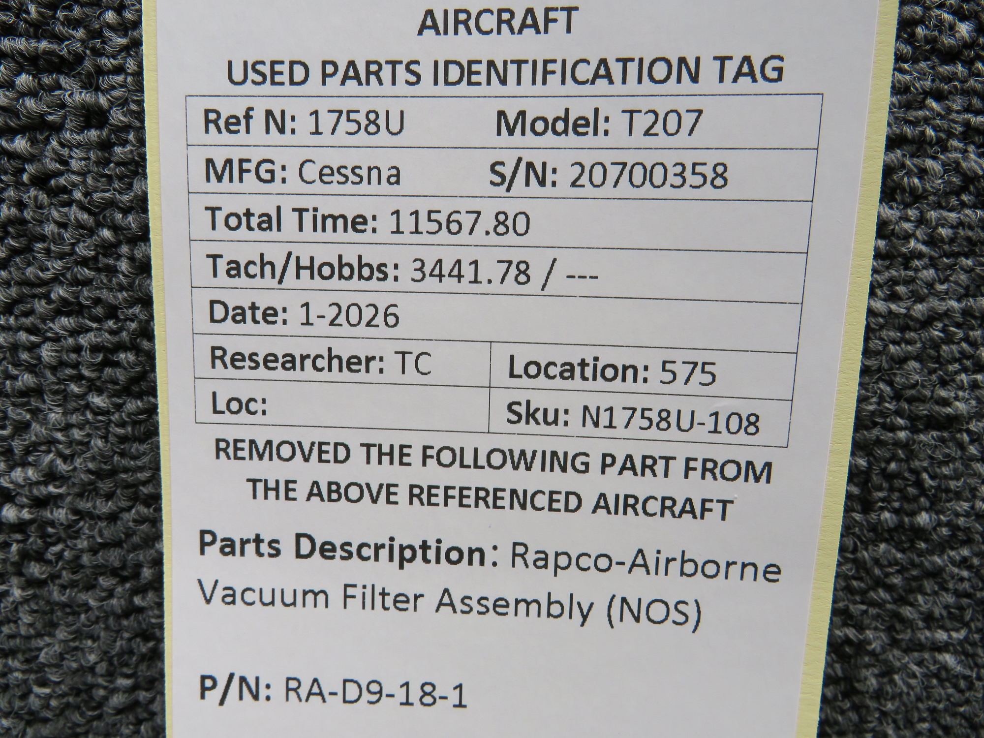 RA-D9-18-1 (Alt: 1J7-1) Rapco-Airborne Vacuum Filter Assembly (New