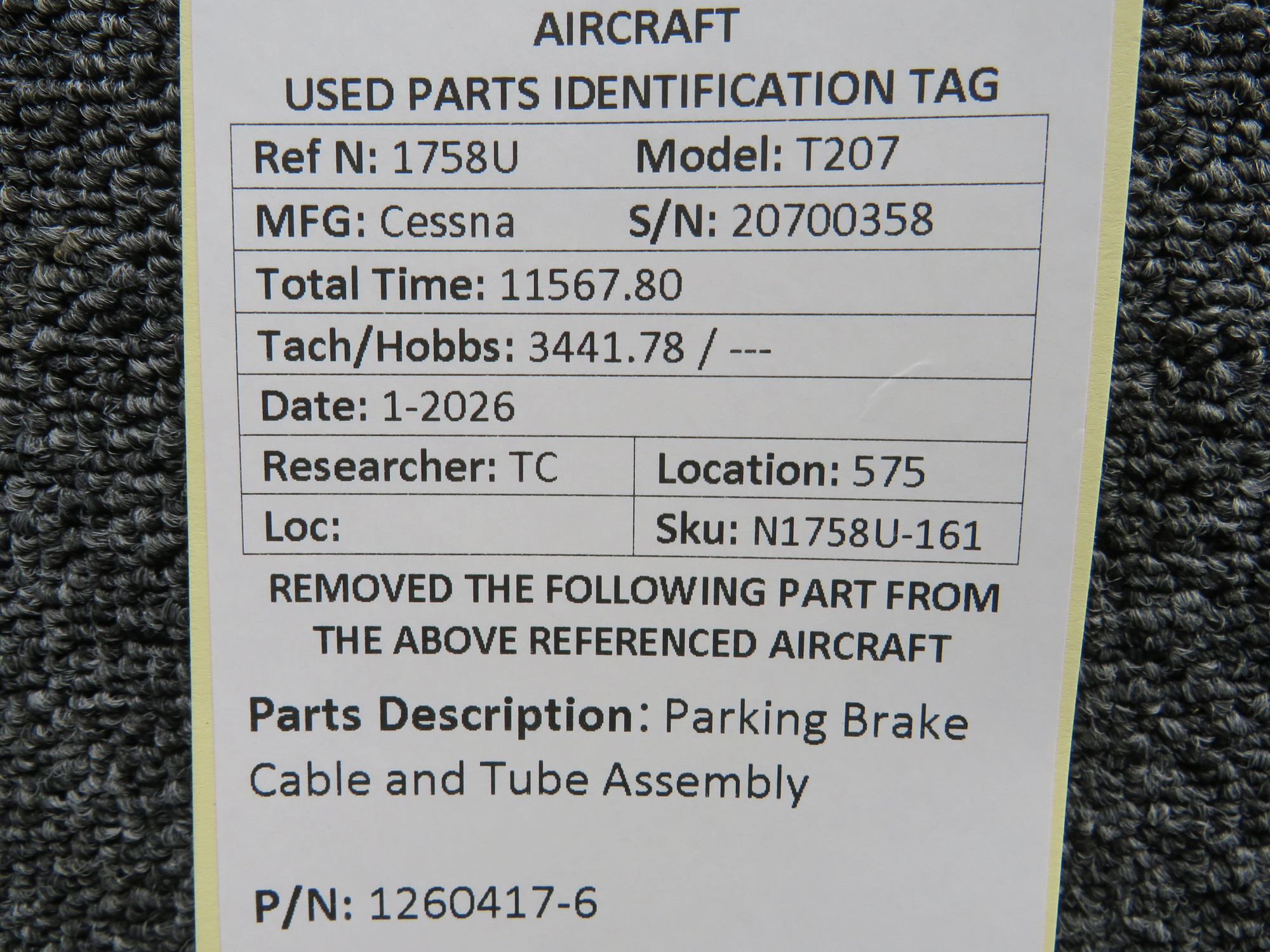 1260417-6 Cessna T207 Parking Brake Cable and Tube Assembly for Sale