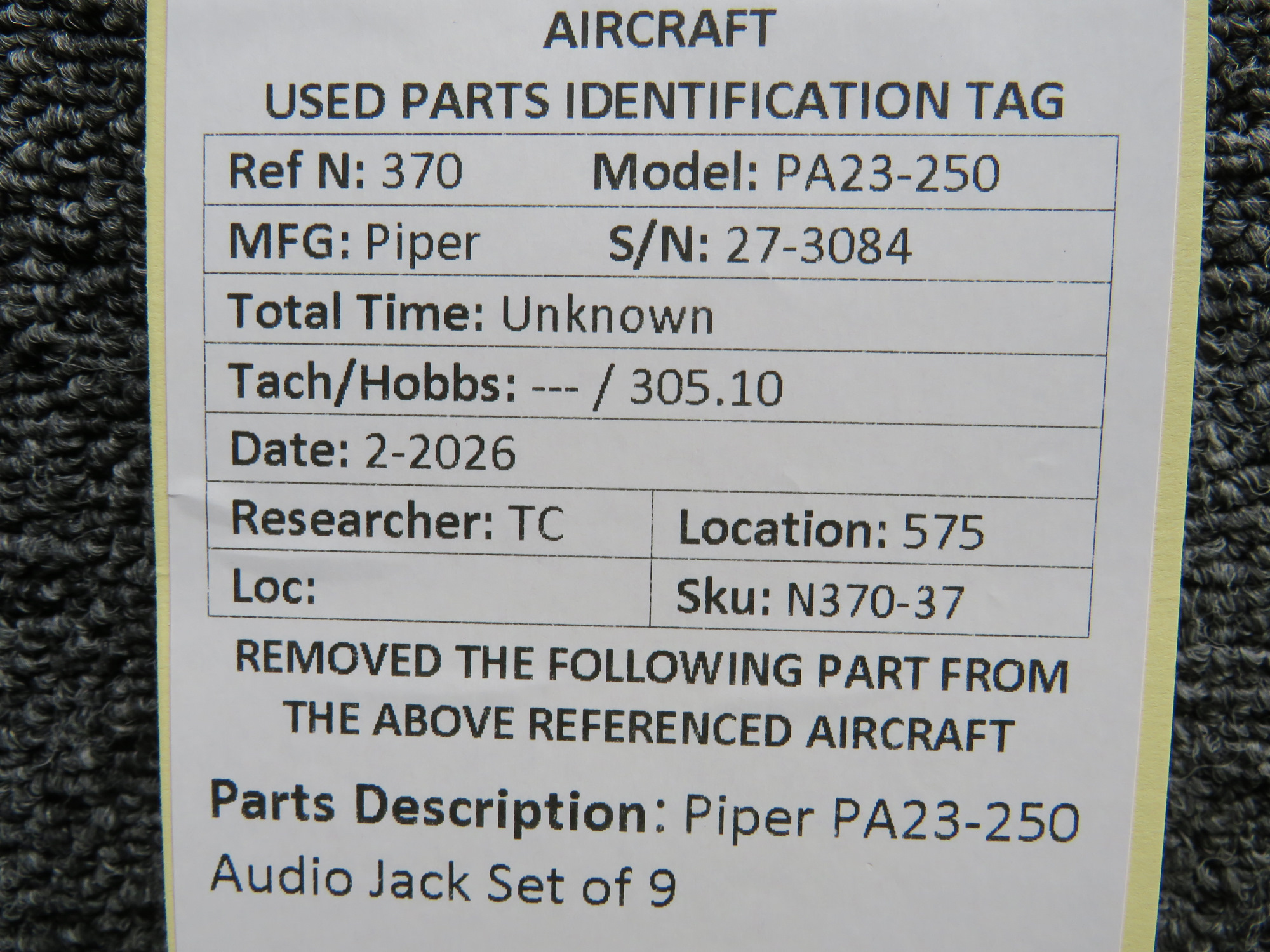 Piper PA23-250 Set of 9 Audio Jacks
