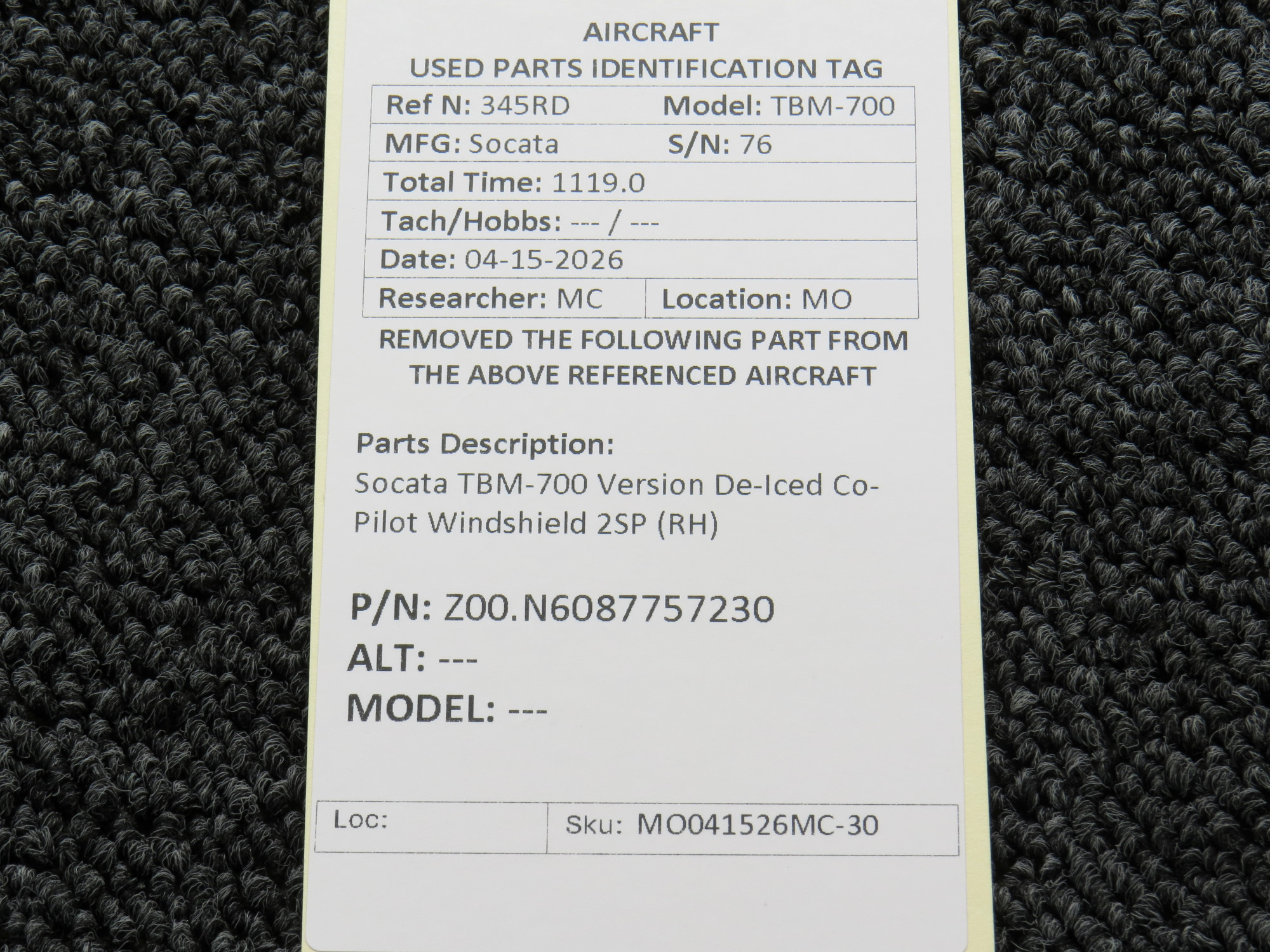 Z00.N6087757230 Socata TBM-700 Version De-Iced Co-Pilot Windshield