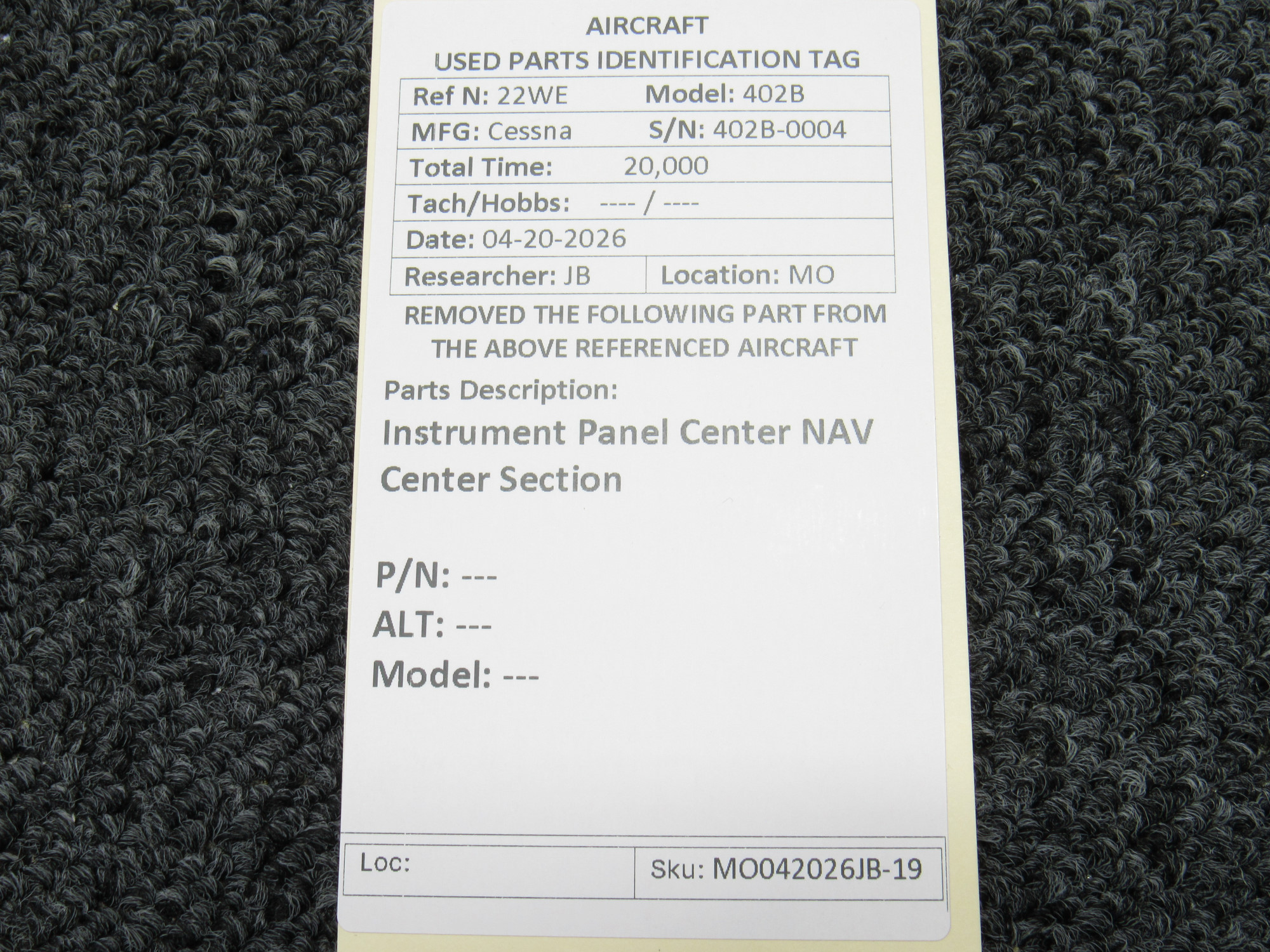 Cessna 402 Instrument Panel Center NAV Center Section For Sale
