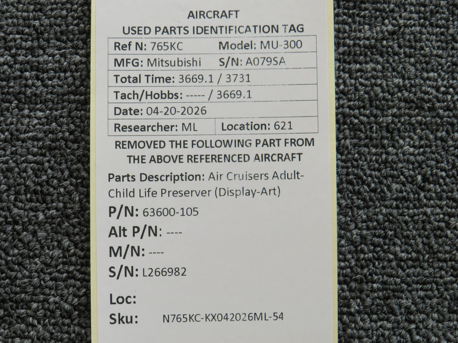 63600-105 Air Cruisers Adult-Child Life Preserver (Display-Art