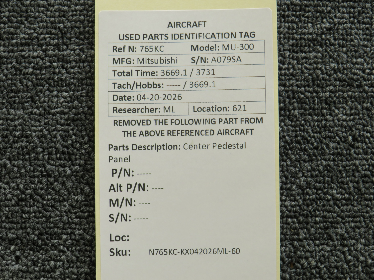 Mitsubishi MU-300 Center Pedestal Panel For Sale