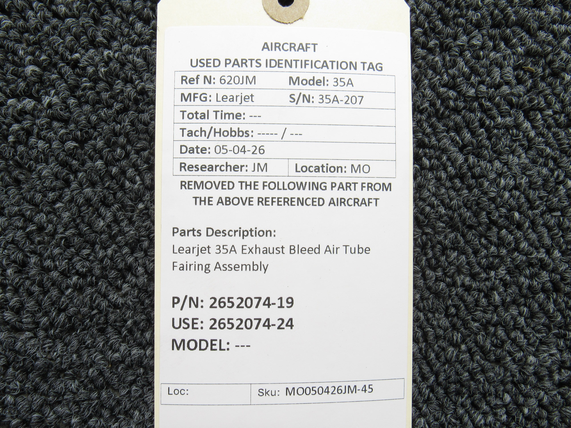 2652074-19 (Use: 2652074-24) Learjet 35A Exhaust Bleed Air Tube