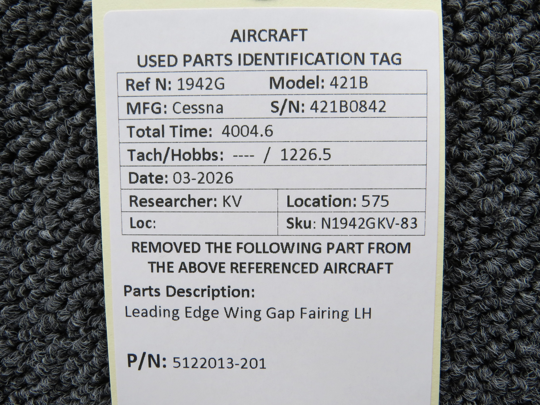 5122013-201 Cessna 421B LH Leading Edge Wing Gap Fairing