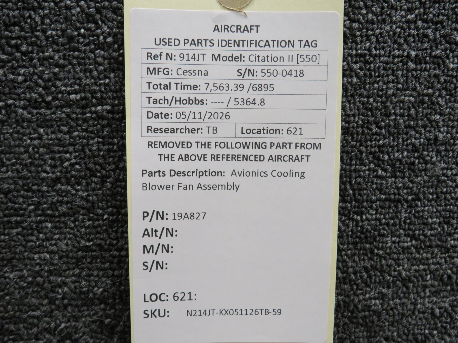19A827 Cessna Citation 550 Avionics Cooling Blower Fan Assembly