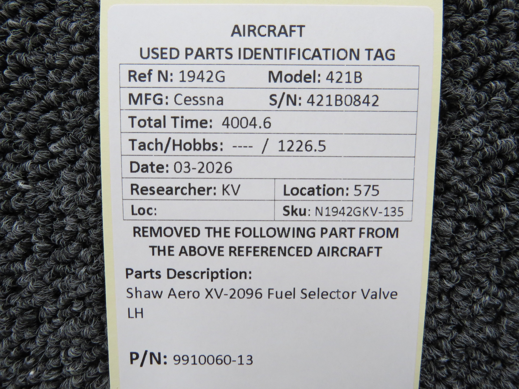 9910060-13 Shaw Aero XV-2096 LH Fuel Selector Valve
