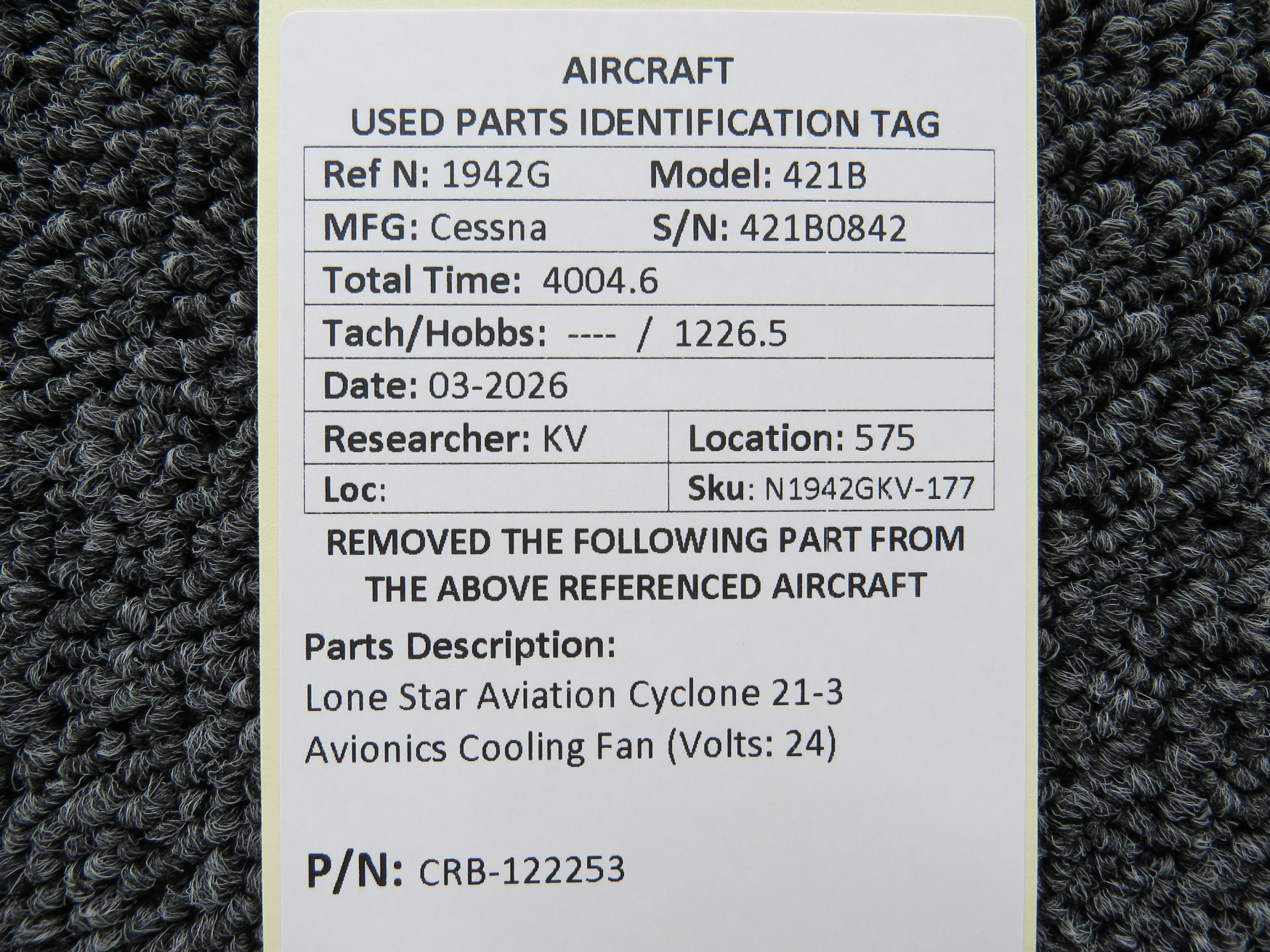 CRB-122253 Lone Star Aviation Cyclone 21-3 Avionics Cooling Fan
