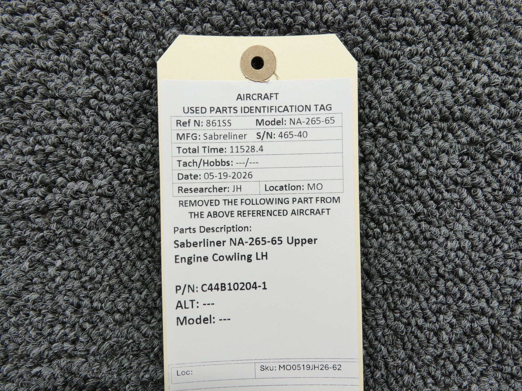 C44B10204-1 Saberliner NA-265-65 Upper Engine Cowling Left Hand