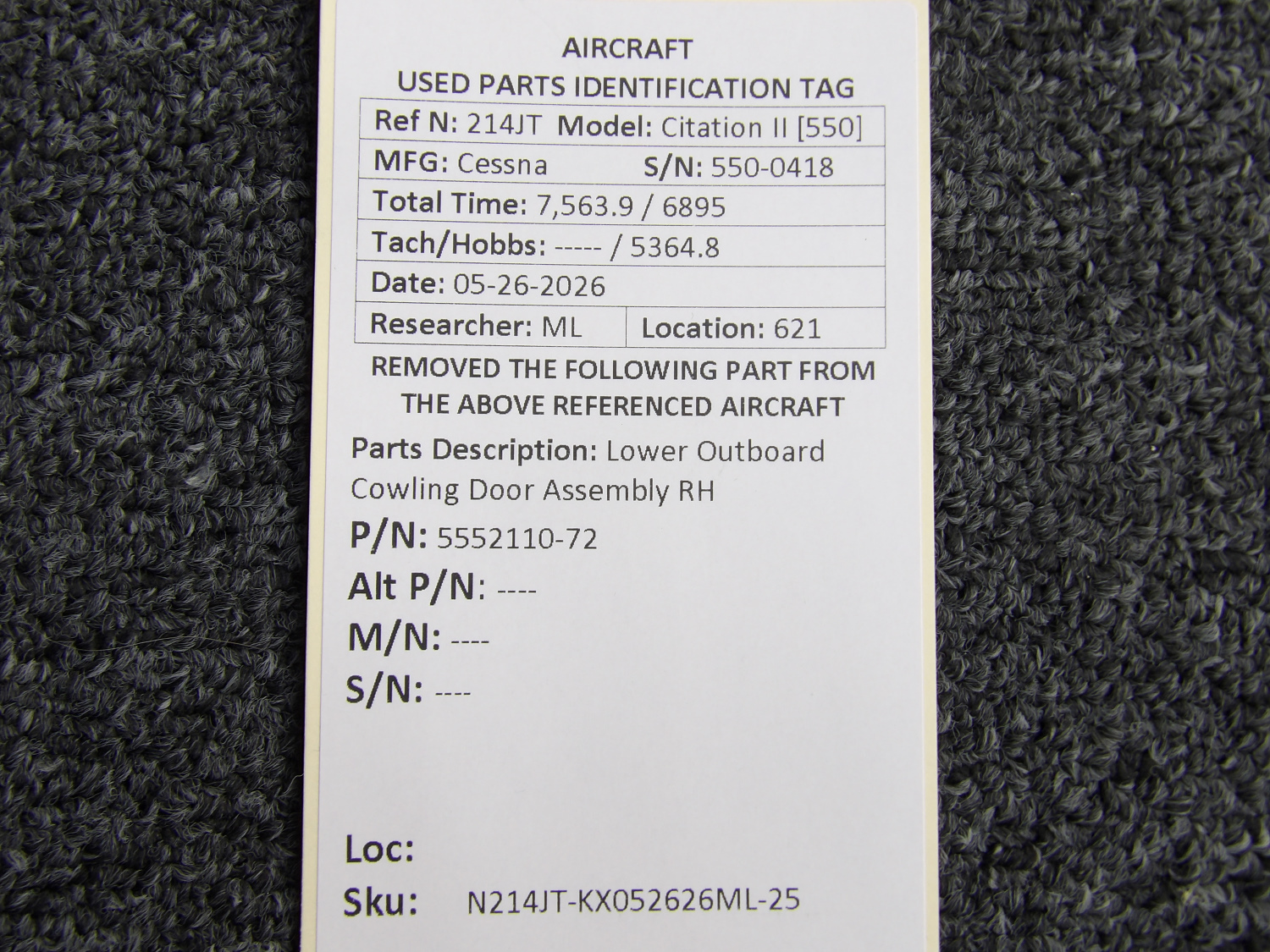 5552110-72 Cessna Citation II Model 550 Lower Outboard Cowling