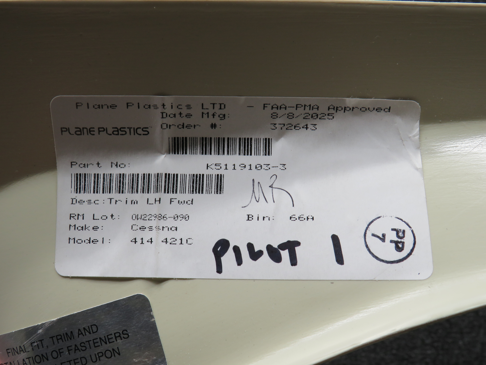 K5119103-3 Cessna 414 Plane Plastics Forward LH Window Trim