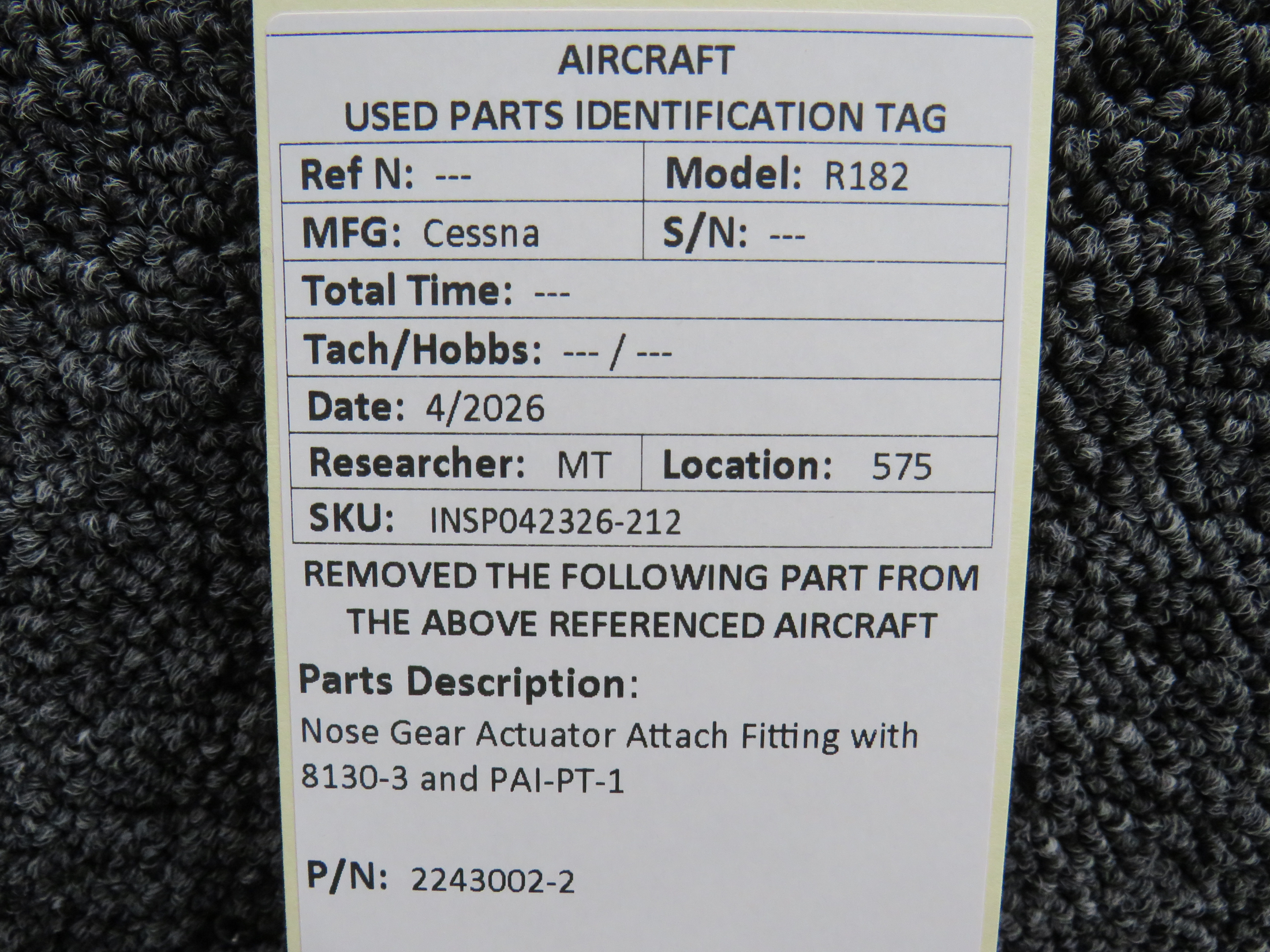 2243002-2 Cessna R182 Nose Gear Actuator Attach Fitting with 8130