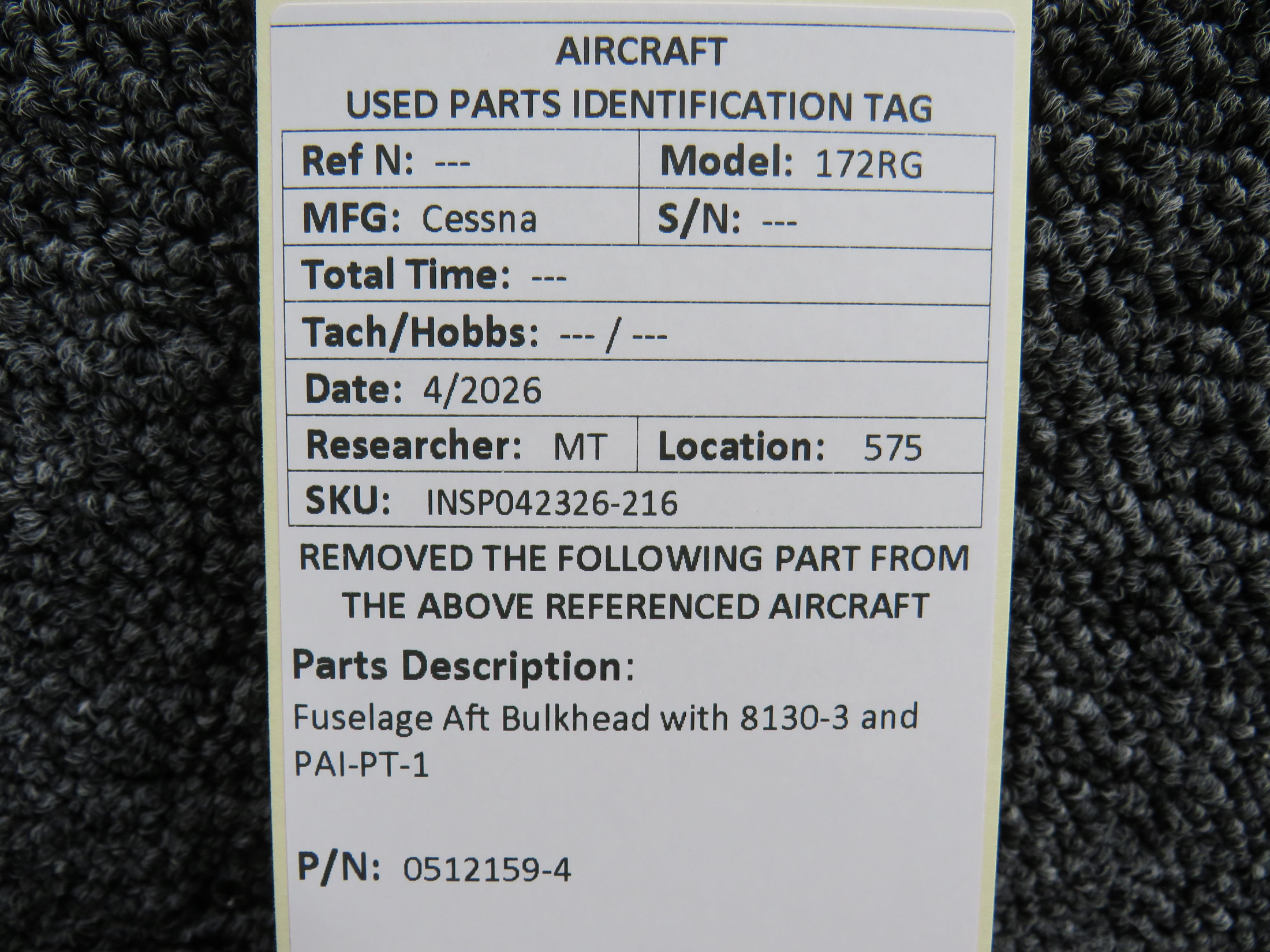0512159-4 Cessna 172RG Fuselage Aft Bulkhead with 8130-3 and PAI