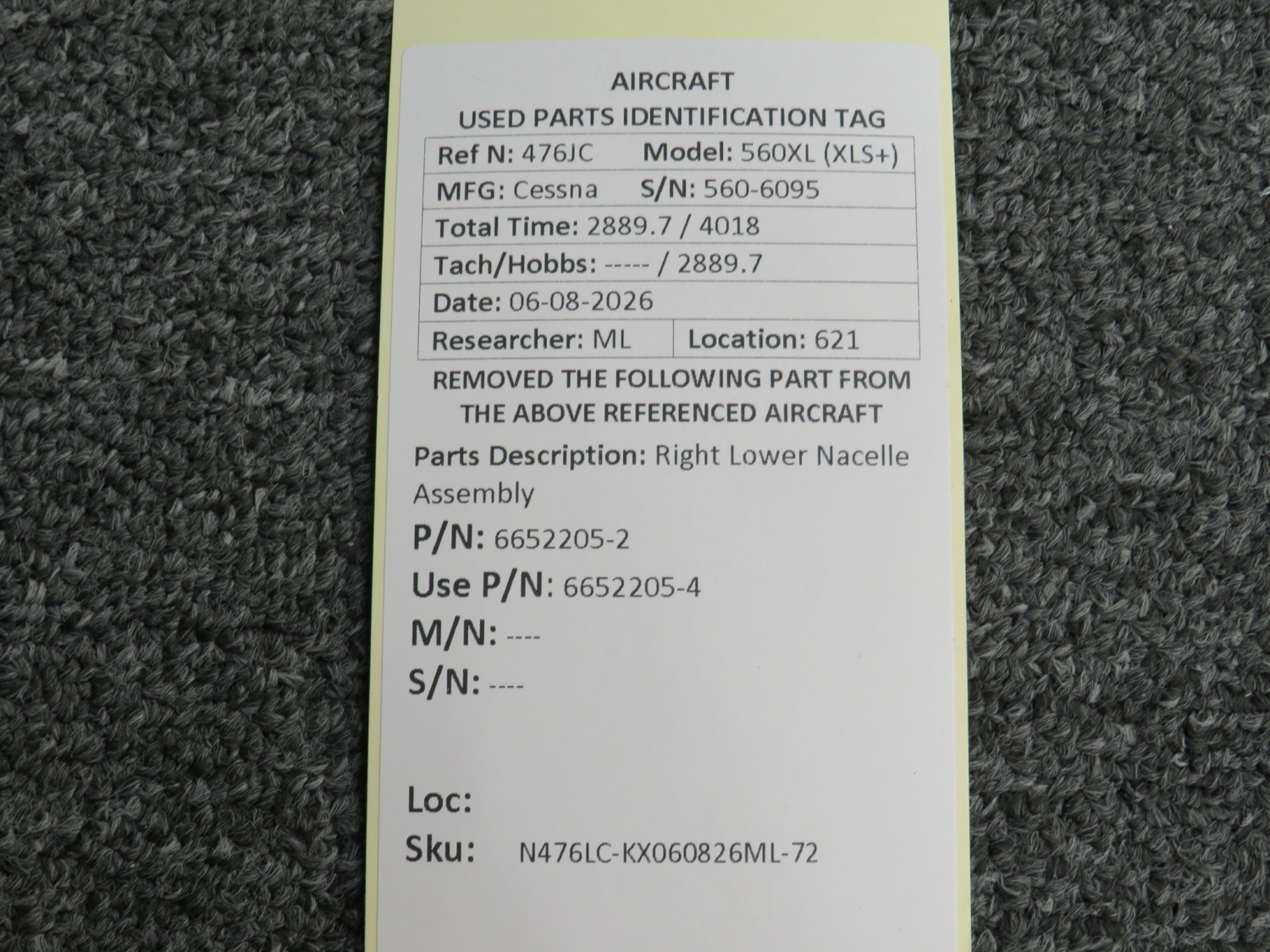 6652205-2 (Use: 6652205-4) Cessna 560XL (XLS+) Right Lower Nacelle