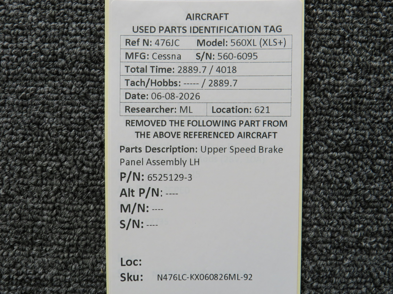 6525129-3 Cessna 560XL (XLS+) Upper Speed Brake Panel Assembly
