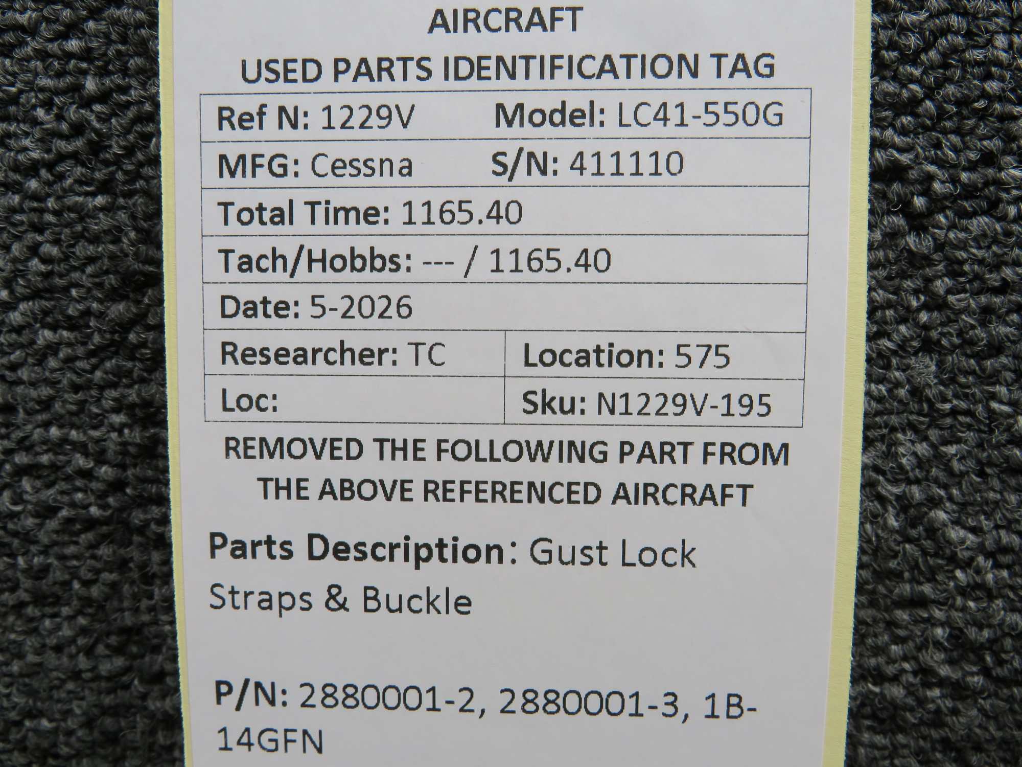 2880001-2, 2880001-3, 1B-14GFN Cessna LC41-550FG Gust Lock Straps