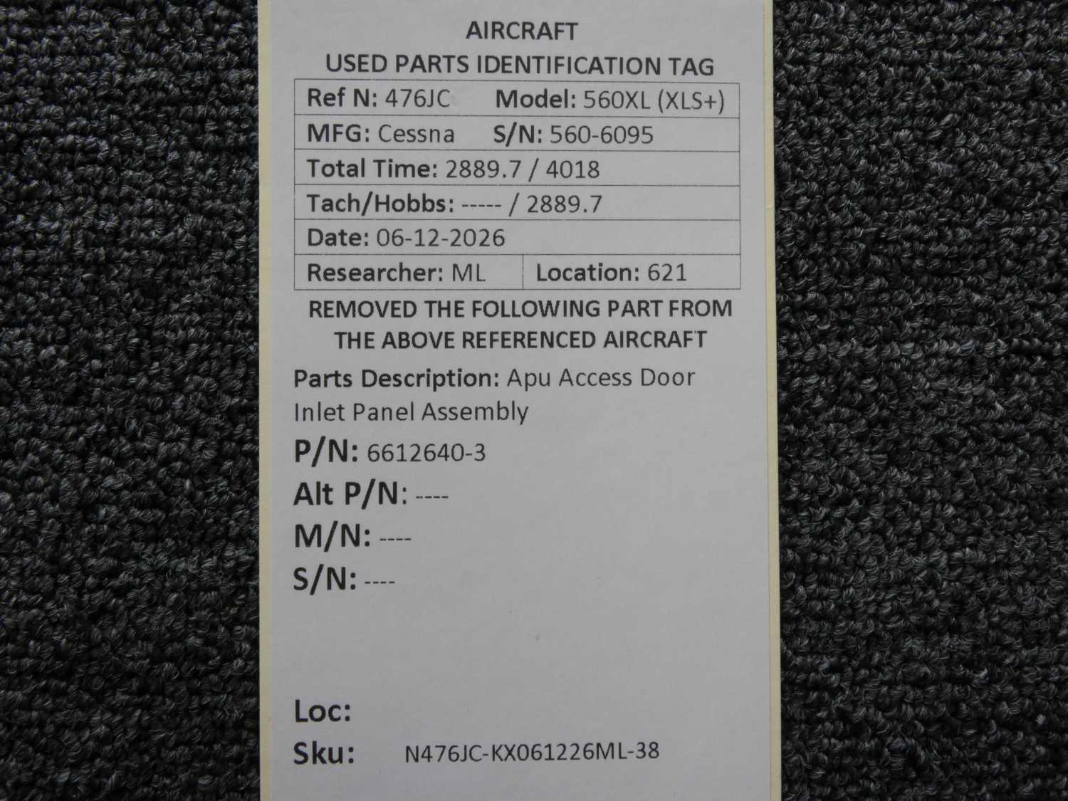 6612640-3 Cessna 560XL Citation XLS+ Apu Access Door Inlet Panel
