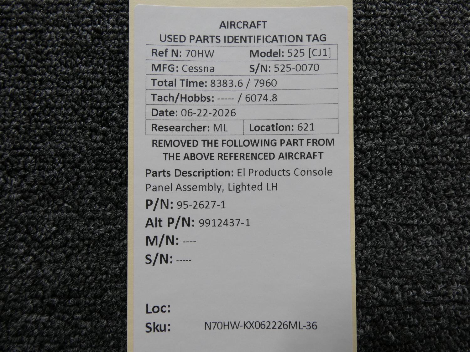 95-2627-1 (Alt: 9912437-1) El Products Console Panel Assembly