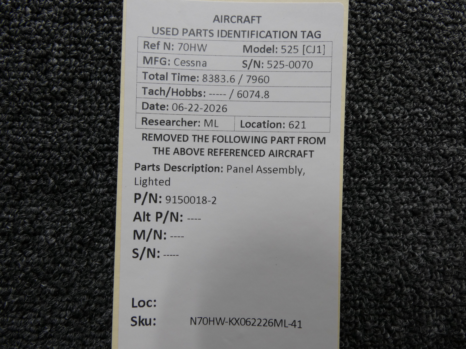9150018-2 Cessna 525 Citation CJ1 Panel Assembly, Lighted For Sale