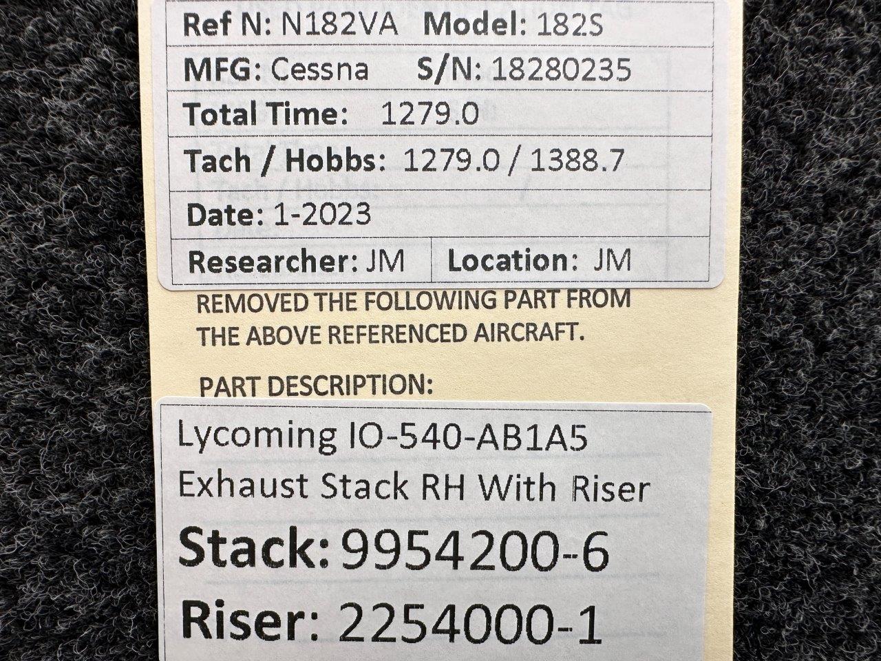 9954200-6, 2254000-1 Lycoming IO-540-AB1A5 Exhaust Stack Assy RH