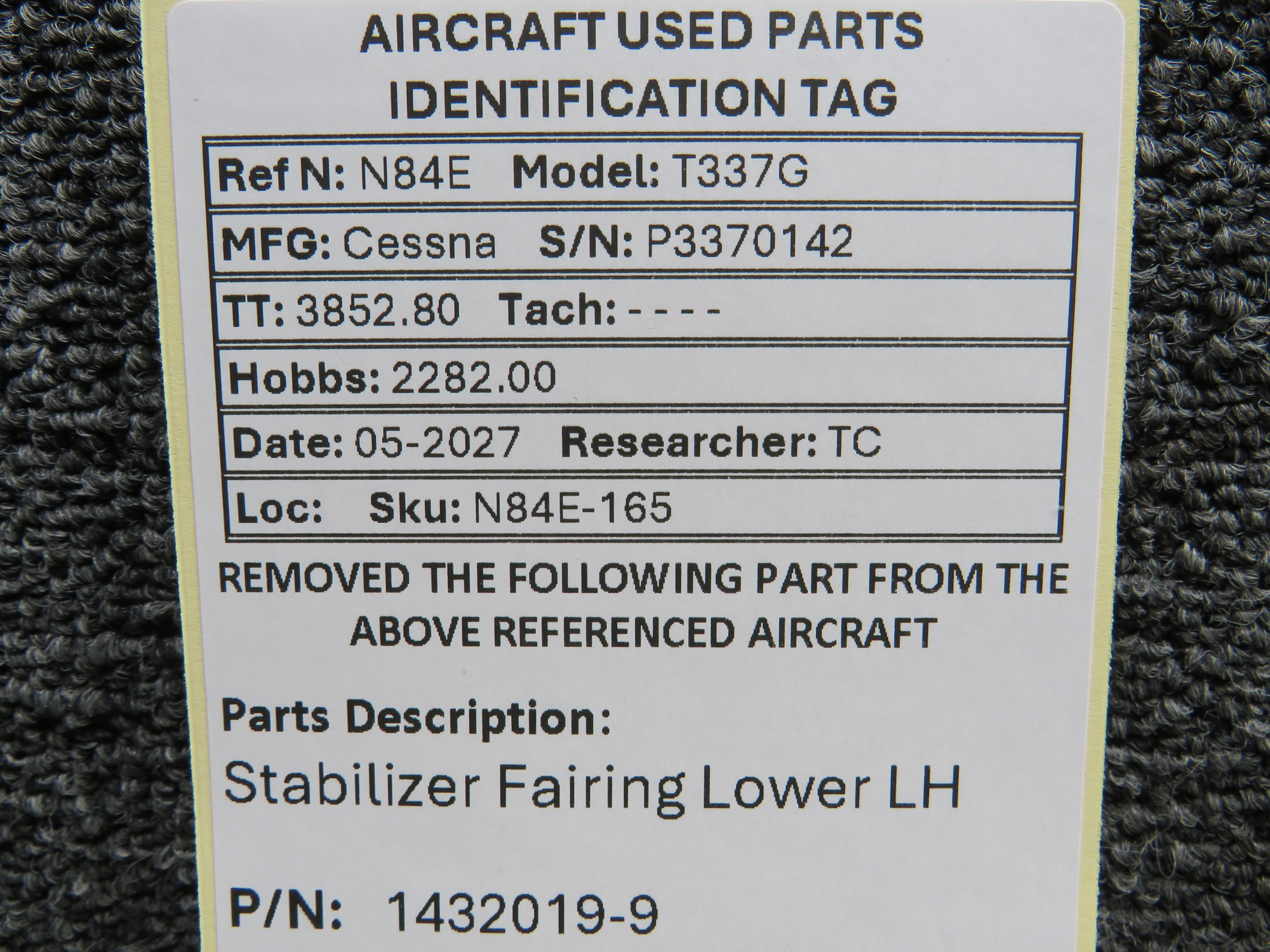 1432019-9 Cessna T337G Lower LH Stabilizer Fairing