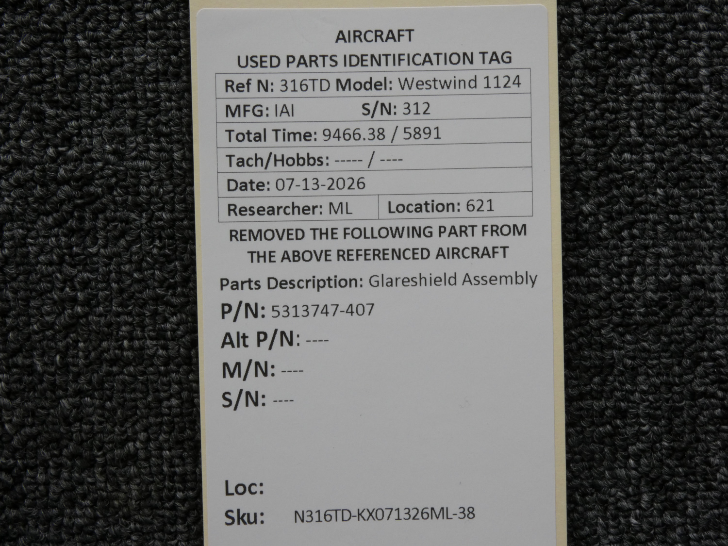 5313747-407 IAI 1124 Westwind I Glareshield Assembly For Sale
