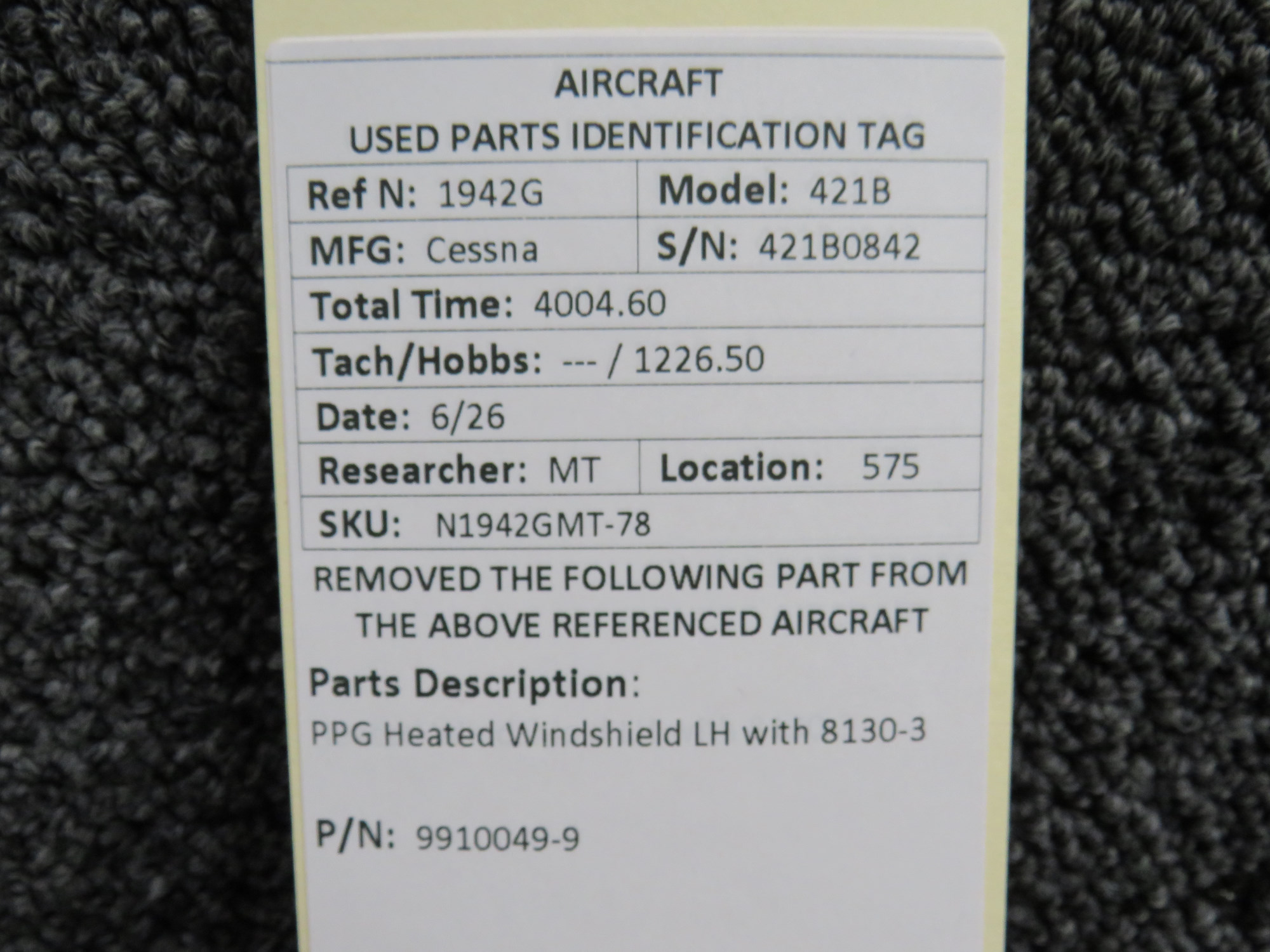 9910049-9 Cessna 421B PPG Heated Windshield LH with 8130-3 For Sale
