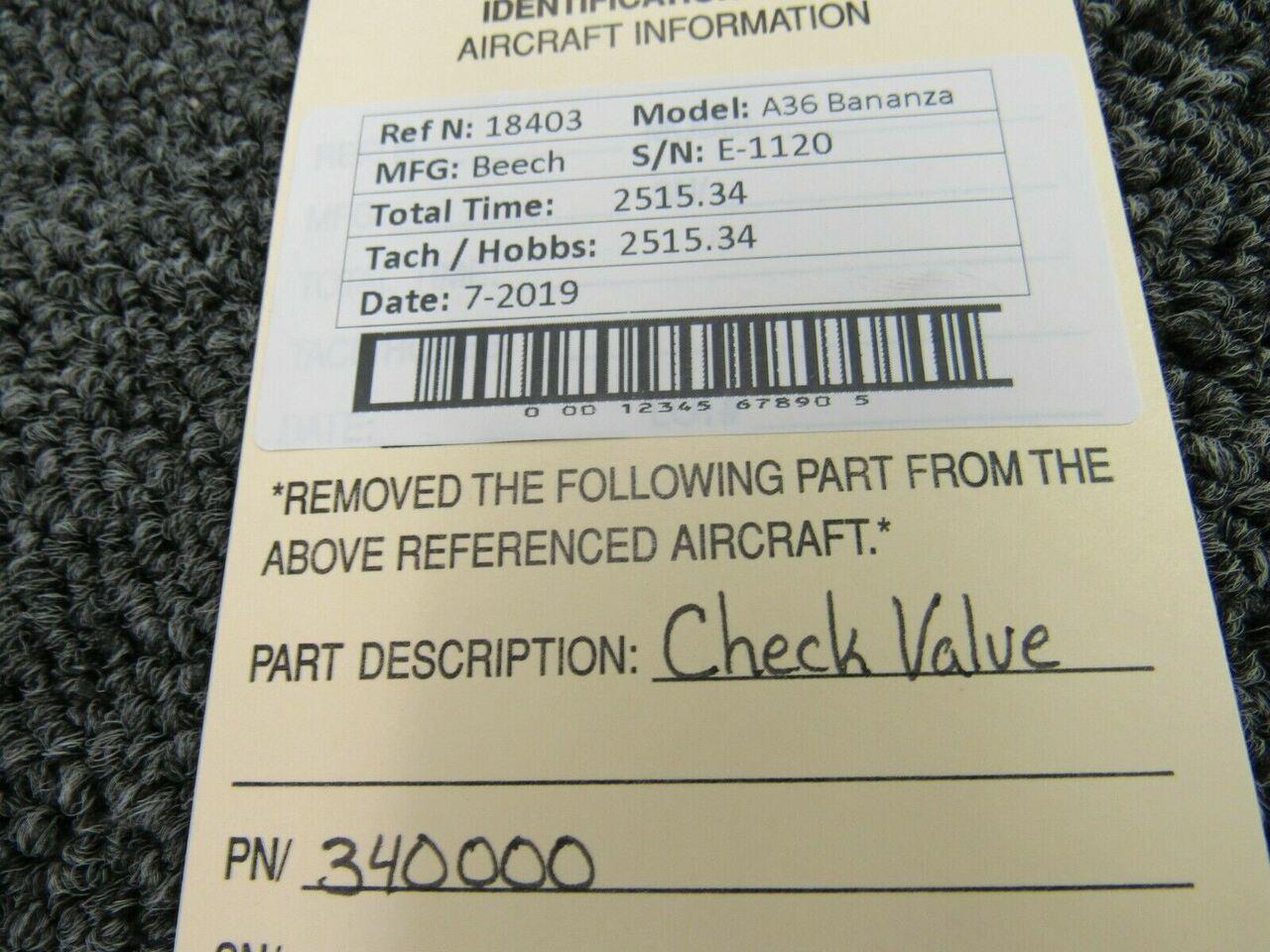 340000 (USE S22182) CAP Fuel Check Valve Assembly